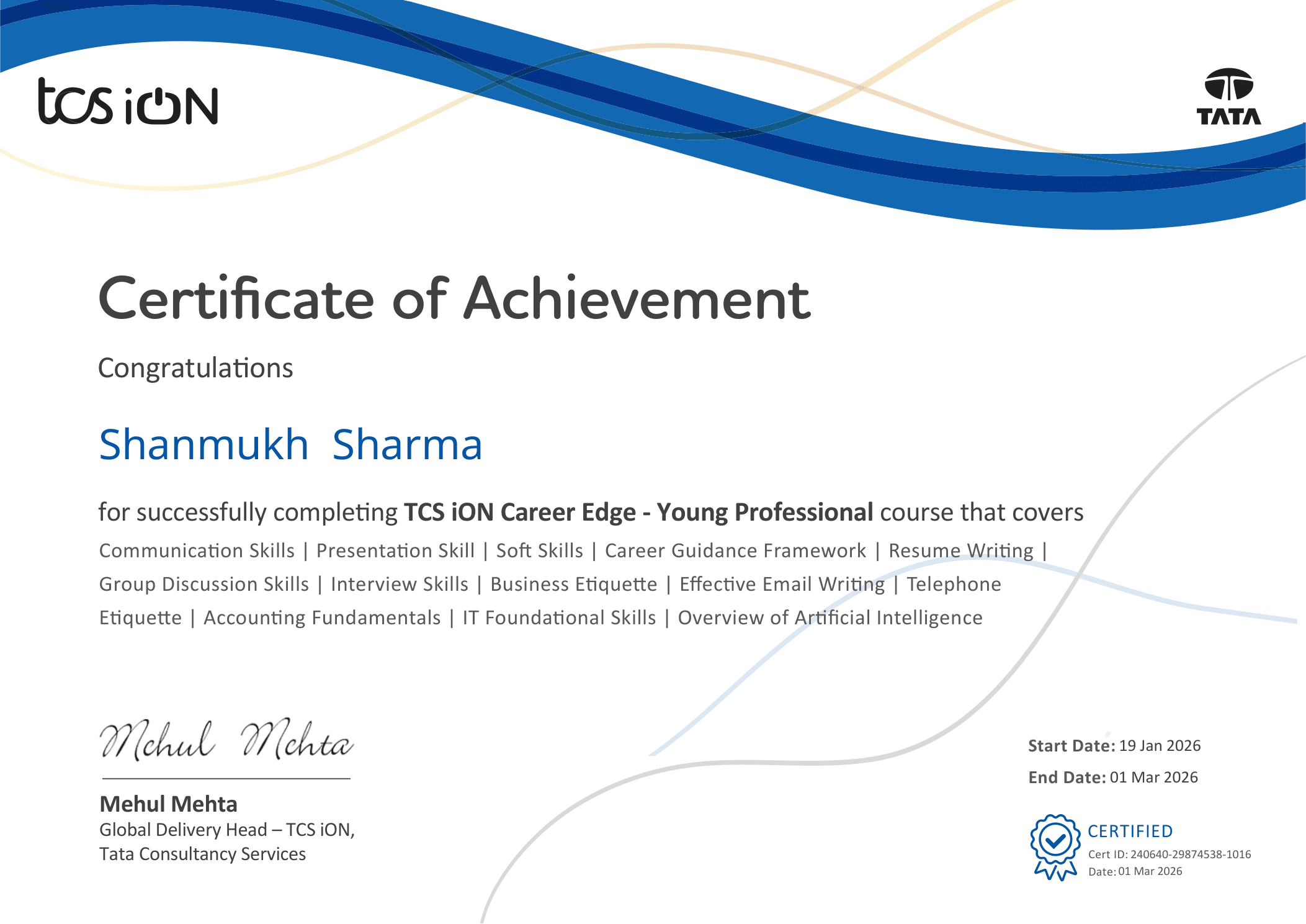 Career Edge — Young Professional certificate issued by TCS iON